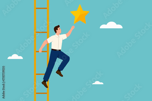 success ladder to reach goal and target, climb up ladder to get new hope, journey to achieve hope of success in business, hope of career development progress, businessman climb ladder to get gold star