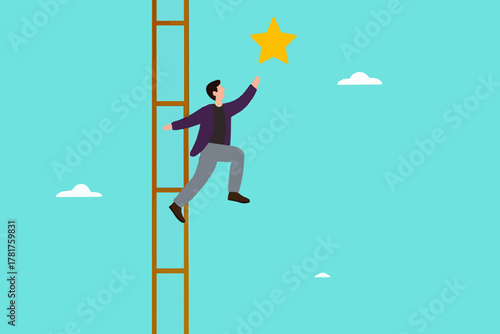 success ladder to reach goal and target, climb up ladder to get new hope, journey to achieve hope of success in business, hope of career development progress, businessman climb ladder to get gold star