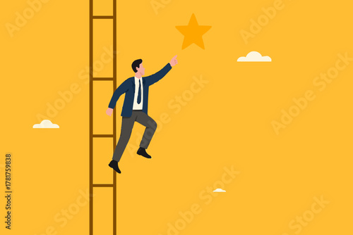 success ladder to reach goal and target, climb up ladder to get new hope, journey to achieve hope of success in business, hope of career development progress, businessman climb ladder to get gold star