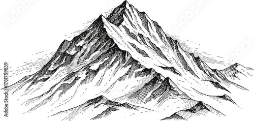 Dark mountain silhouette with rugged peaks and jagged ridges on a black background