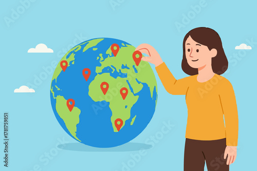 Businessman hand put new branch pin on world map across globe.Global business expansion, open company branches, franchise in new location to cover all continent. growing business worldwide concept