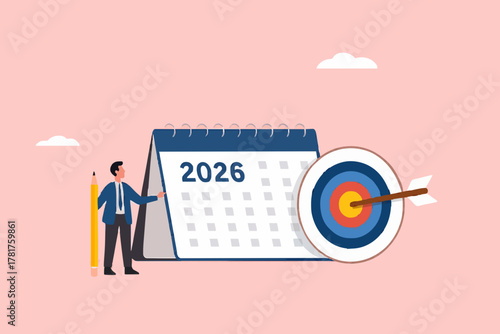 2025 new business target, new year resolutions success plan or career achievement concept vector illustration, businessman carrying pencil with calendar and target board illustration