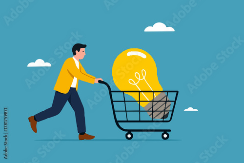 tutoring or skills development, buy online courses or take training to improve skills, businessman buys light bulb idea puts it in shopping cart concept vector illustration