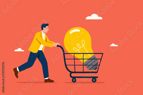 tutoring or skills development, buy online courses or take training to improve skills, businessman buys light bulb idea puts it in shopping cart concept vector illustration