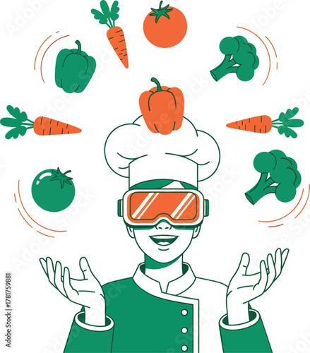Flat vector illustration of chef wearing VR goggles juggling levitating vegetables in surreal minimalist style
