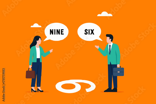 different opinion because different viewing angle, differences in ways of thinking or searching for solutions, businessman and woman argue from different points of view to determine number nine or six
