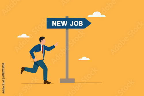 new job illustration with the concept of a businessman who is very happy towards his new job, change to new job, recruitment concept, career or opportunity, new challenge to success concept design