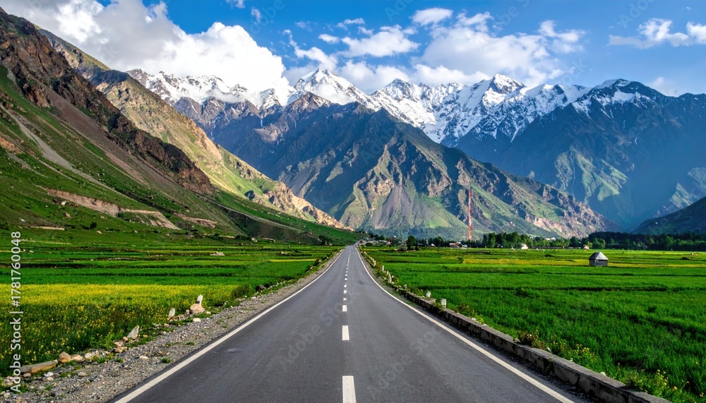 Fototapeta premium Road leads to distant, snow-capped peaks in valley
