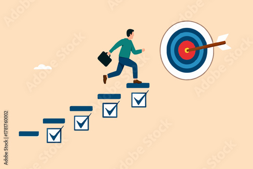 personal development goals for work, train specific skills or competencies to achieve career success, self improvement or career growth, Businessman walk up checklist as a ladder to reach target