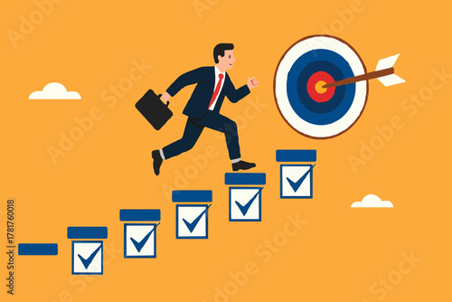 personal development goals for work, train specific skills or competencies to achieve career success, self improvement or career growth, Businessman walk up checklist as a ladder to reach target