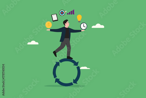 build good work habits with several skills, habitual procedures leading to business or career success, discipline or working efficiency, business people carry out work with a circle of good work habit