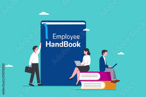 employee handbook, procedure book or company rules, company introduction guidebook for new employees, business manual to success, male and female employees read and understand the employee handbook