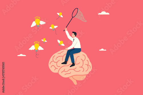 new creative idea searching process, mindset development or learn new skill, contemplation to find solutions or innovations, businessman riding human brain using butterfly net to catch light bulb idea