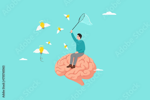 new creative idea searching process, mindset development or learn new skill, contemplation to find solutions or innovations, businessman riding human brain using butterfly net to catch light bulb idea
