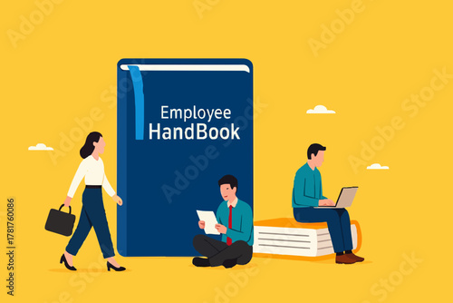 employee handbook, procedure book or company rules, company introduction guidebook for new employees, business manual to success, male and female employees read and understand the employee handbook