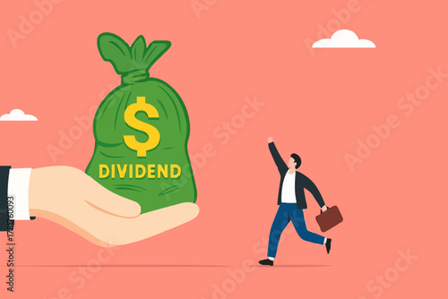getting dividend from investment with happy businessman receives a bag of dividend money from the businessman's hand