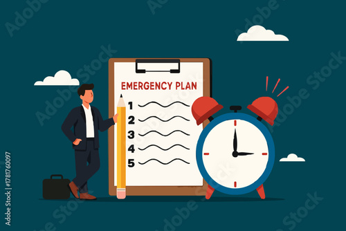 business emergency plan or strategy illustration, emergency action plan, emergency action plan when business disaster occurs, business stand with a list of emergency plans with an alarm clock beeping