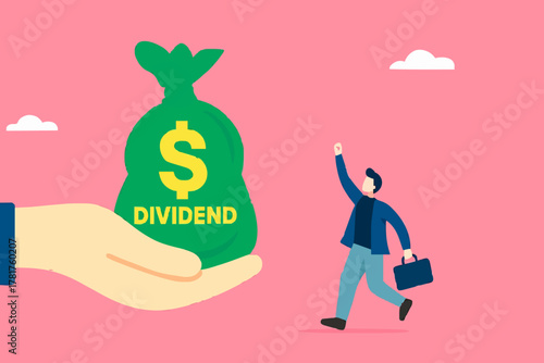 getting dividend from investment with happy businessman receives a bag of dividend money from the businessman's hand