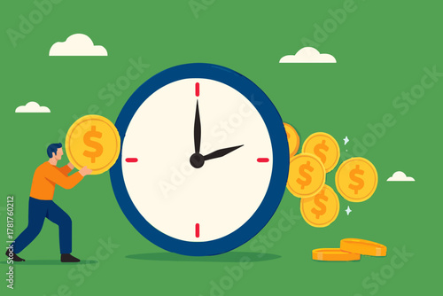 ROI, return on investment or long term investment success, increase in dividends or returns from the costs that have been invested, businessman invests money into big watch to get return profit