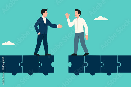 make business deals to achieve business goal with two business people shaking hands to connect puzzle bridge, agreement to achieve business success