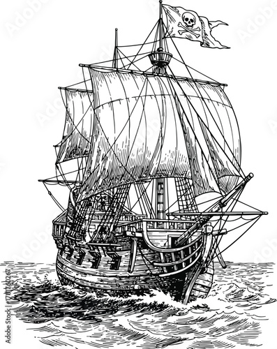 Mysterious pirate ship silhouette on stormy dark ocean with skull flag