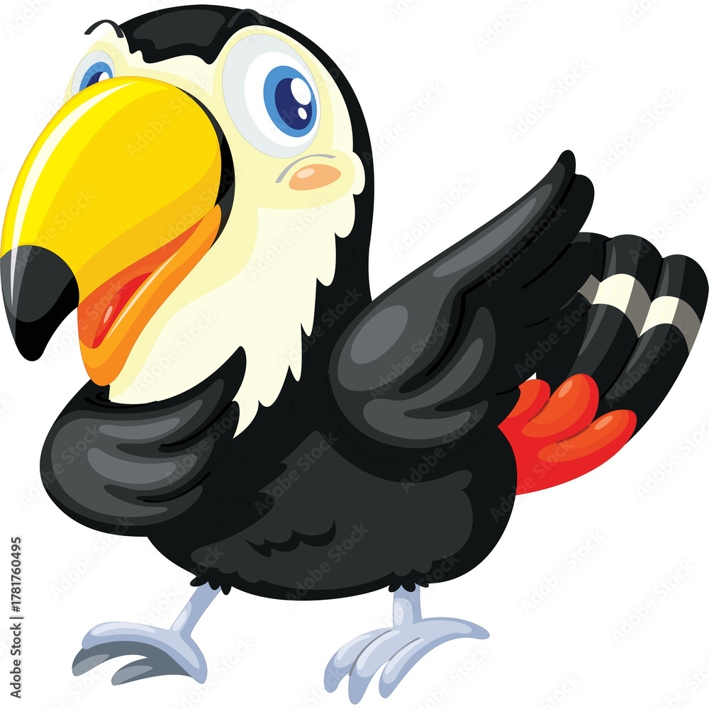 Naklejka premium Cartoon Toucan Bird With Large Yellow Beak Standing On White Background With Transparent Background