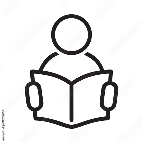 Person reading an open book with both hands in a simple black and white outline style illustration