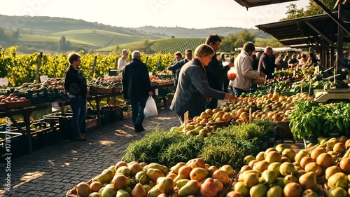 Bustling farmers market with diverse produce, shoppers engaging, and scenic vineyard backdrop