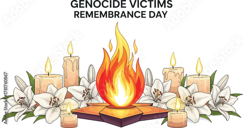 Genocide victims remembrance day with flame and lilies