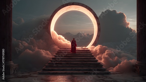 Solitary figure ascending stone steps towards a glowing portal in a cloudy landscape