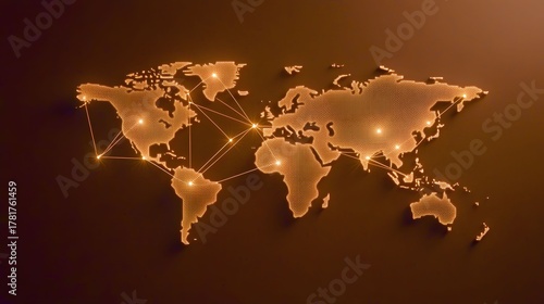 A stylized world map with golden dots forming the landmasses shows visible network connections and points of bright light on a deep brown background.