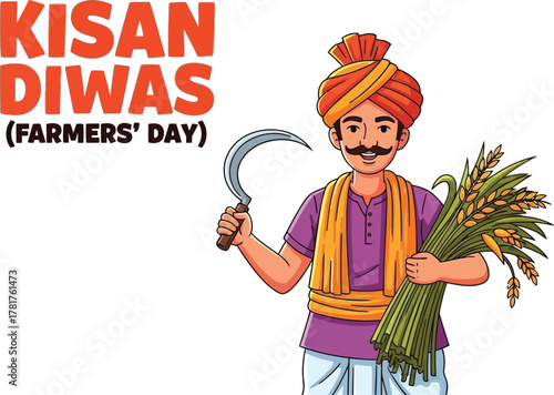Kisan diwas with smiling farmer holding sickle and wheat