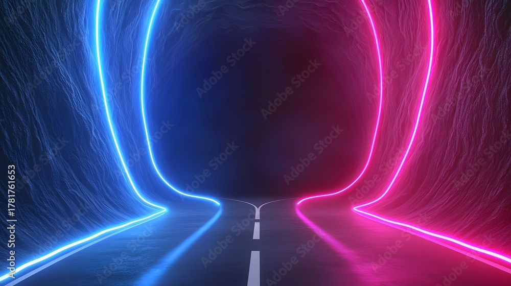 Fototapeta premium The image showcases an abstract road diverging into two brightly lit paths, one illuminated with blue neon lights and the other with pink, giving a modern and surreal feel.