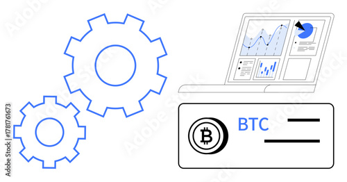 Blue gears beside a laptop displaying data charts and analytics, paired with a Bitcoin wallet. Ideal for fintech, cryptocurrency, blockchain, data visualization, software development, finance