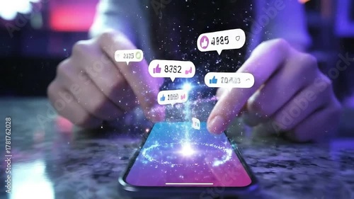 Hands tap glowing smartphone showing social media engagement icons