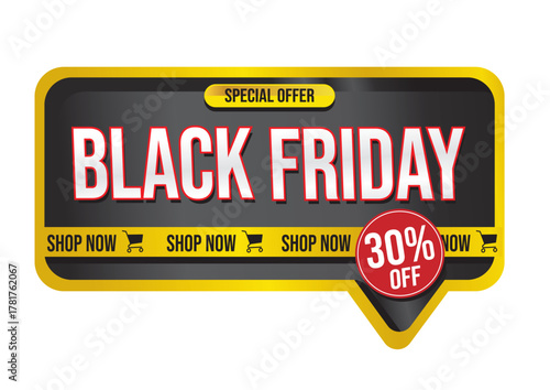 Promotional banner for Black Friday sale with highlighted discount and call to action for shopping experience.
