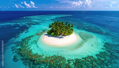 Fototapeta Naklejka Na Ścianę i Meble -  Turquoise Ocean Waters Surround a Lush Green Tropical Island with White Sand Beach and Palm Trees Under a Clear Blue Sky With Fluffy Clouds