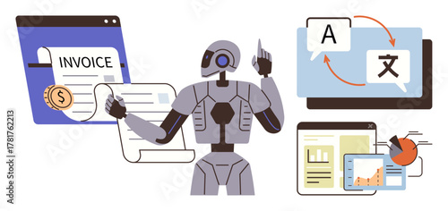 Robot managing tasks, including digital invoicing, language translation, and data analytics on screens. Ideal for AI, automation, productivity, workflow technology innovation efficiency. Simple