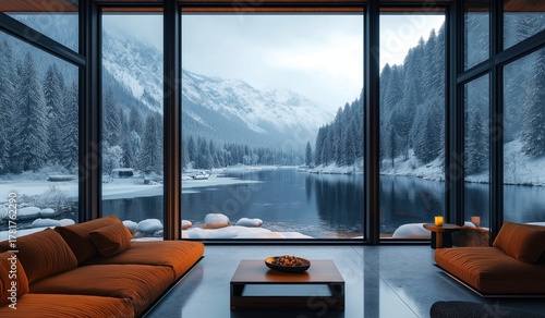 Luxurious modern living room with large windows overlooking snowy mountains, a lake, and snow-covered pine trees on a serene winter evening.