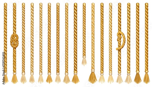 Assortment of golden rope pieces in varying lengths and styles, including knots and tassels, against a white background