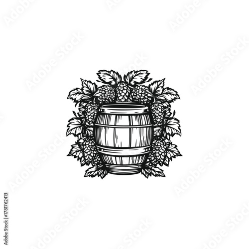 Vintage woodcut illustration of a beer barrel surrounded by hop cones and leaves