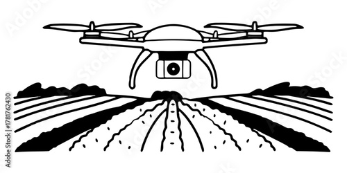 “Drone flying over green fields capturing aerial footage — modern technology innovation — background remove.”