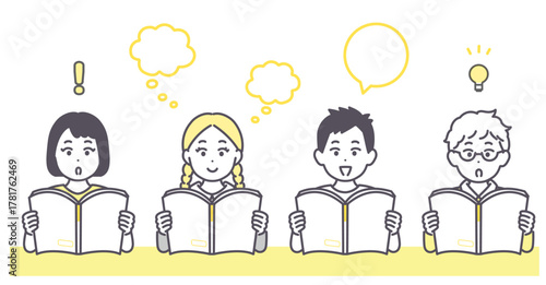 読書し、学ぶ４人の子どもたちのイラスト素材