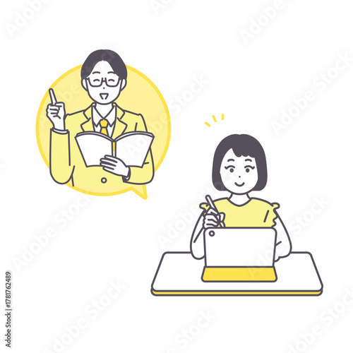 タブレットで学習する女の子のイラスト素材