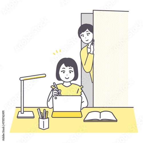 タブレットで自宅学習をしている女の子とそれを見守る母親のイメージイラスト