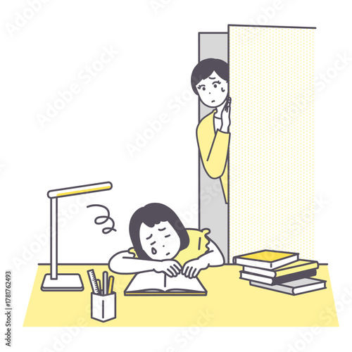 自宅学習が進まない女の子とそれを心配そうに見守る母親のイメージイラスト