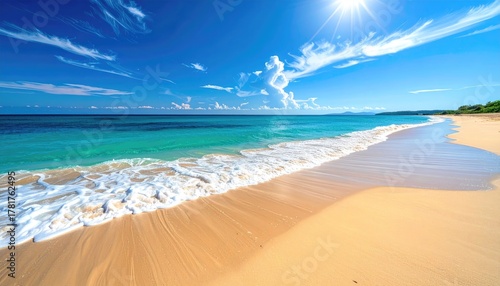 Fototapeta Naklejka Na Ścianę i Meble -  Tropical Palm Trees Line a Serene White Sandy Beach with Gentle Waves and Vibrant Sunlight Glinting on the Turquoise Ocean Under a Clear Blue Sky