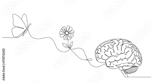 A single continuous one line drawing illustrating the creative connection between nature, with a butterfly and a flower, and the human brain