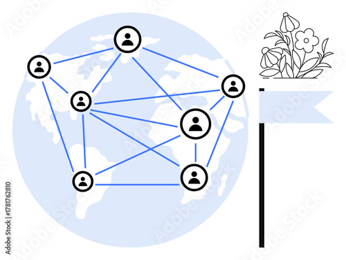 Interconnected user icons over a world map with a sustainability flag and floral design. Ideal for global connection, teamwork, networking, collaboration, environmental initiatives, sustainability