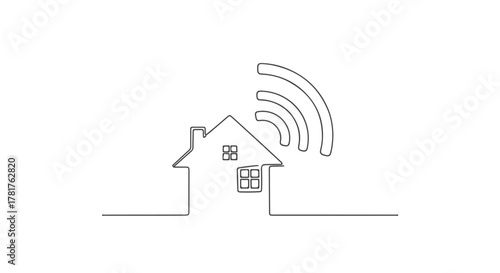 Smart home concept illustrated with a single continuous one line drawing of a house and wireless signal symbol